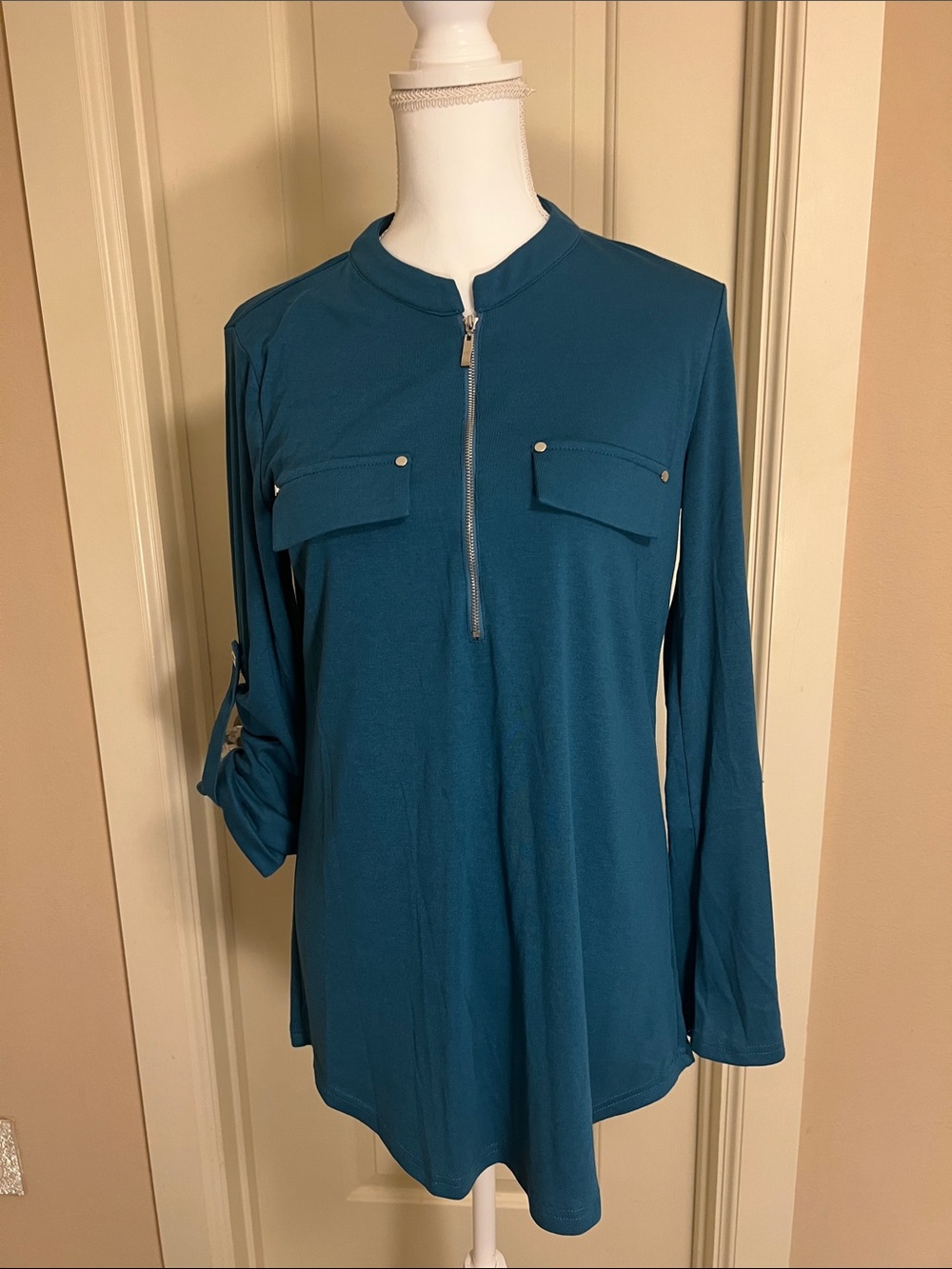 Women’s Teal Long-Sleeve Zip-Front Tunic